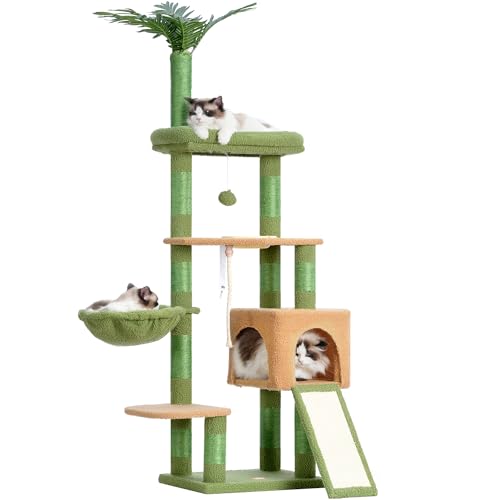 Heybly Kratzbaum, 166,1 cm, Katzenturm für Indoor-Katzen, Katzenhütte mit Blättern, Sitzstangen, Korb, Blatt, Futternapf, mehrstufige Plüsch, moderne Möbel-Kratzbäume, Grün und Gelb HCT015GY Heybly Kratzbaum, 166,1 cm, Katzenturm für Indoor-Katzen, Katzenhütte mit Blättern, Sitzstangen, Korb, Blatt, Futternapf, mehrstufige Plüsch, moderne Möbel-Kratzbäume, Grün und Gelb HCT015GY von Heybly