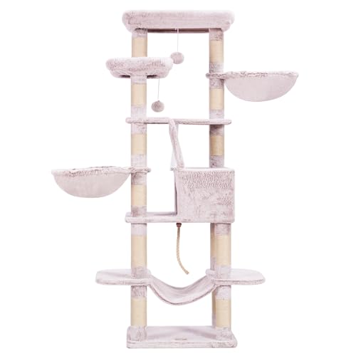 Heybly Kratzbaum, 173 cm hoch, Katzenbaum, mit 16 Kratzsäulen, 2 groß Plattformen, 2 Korb, Hängematte, Höhle, Plüschbälle, mehrstöckiger Katzenkratzbaum, Braun-beige HCT025MU Heybly Kratzbaum, 173 cm hoch, Katzenbaum, mit 16 Kratzsäulen, 2 groß Plattformen, 2 Korb, Hängematte, Höhle, Plüschbälle, mehrstöckiger Katzenkratzbaum, Braun-beige HCT025MU von Heybly
