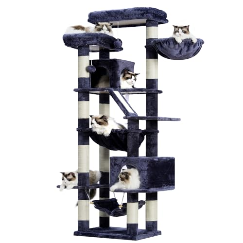 Heybly Kratzbaum, 180 cm hoher Turm für Indoor-Katzen mit 2 Sitzstangen, 2 großen Höhlen, 2 Hängematten, Korb, Kratzunterlage, großen Katzenmöbeln und Hütte, rauchgrau HCT034G Heybly Kratzbaum, 180 cm hoher Turm für Indoor-Katzen mit 2 Sitzstangen, 2 großen Höhlen, 2 Hängematten, Korb, Kratzunterlage, großen Katzenmöbeln und Hütte, rauchgrau HCT034G von Heybly