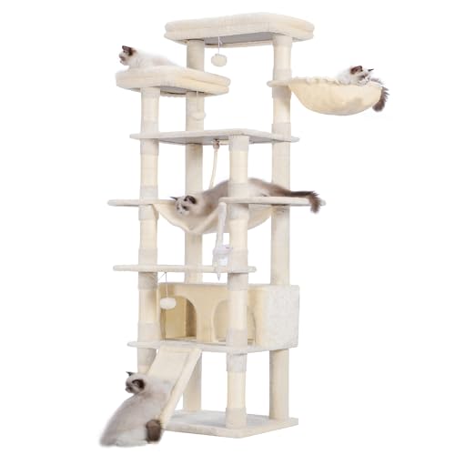 Heybly Kratzbaum, 200 cm hoch, Katzenbaum, mit 11 Kratzsäulen, groß Plattformen, 2 Korb, Hängematte, Höhle, Plüschbälle, mehrstöckiger Katzenkratzbaum, Beige HCT033M Heybly Kratzbaum, 200 cm hoch, Katzenbaum, mit 11 Kratzsäulen, groß Plattformen, 2 Korb, Hängematte, Höhle, Plüschbälle, mehrstöckiger Katzenkratzbaum, Beige HCT033M von Heybly