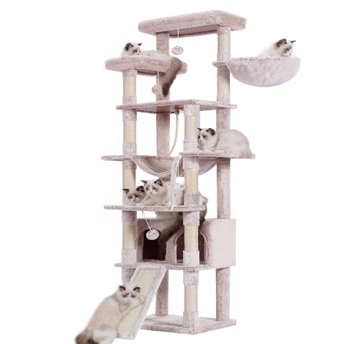 Heybly Kratzbaum, 200 cm hoch, Katzenbaum, mit 11 Kratzsäulen, groß Plattformen, 2 Korb, Hängematte, Höhle, Plüschbälle, mehrstöckiger Katzenkratzbaum, Brun Beige HCT033MU von Heybly