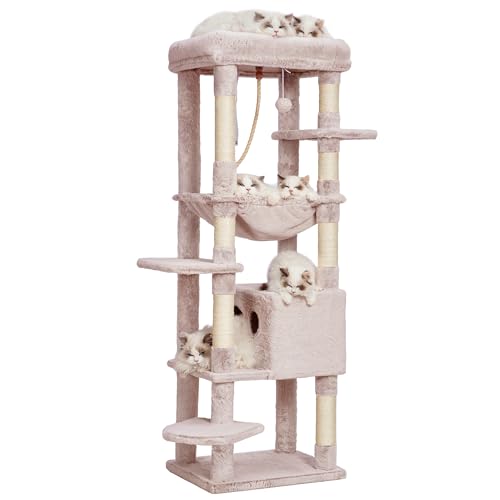 Heybly Kratzbaum, mit Decken, für große Katze, Katzenbaum, große Plattformen, Höhle, 50 x 50 x 153cm,Braun-beige HCT050MU von Heybly