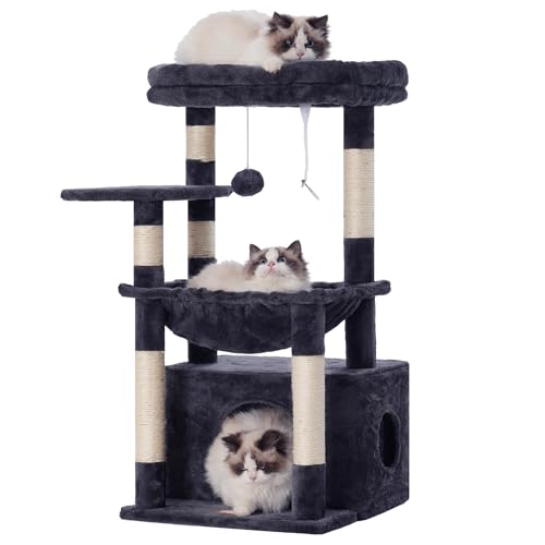 Heybly Kratzbaum, Katzenbaum mit Extra Großem, Weichem Katzenkorb, Katzenkratzbaum mit Geräumigem Katzenbett und Verstecktem Schlafplatz, Robusten Sisal-Kratzsäulen, Rauchgrau HCT008SG von Heybly