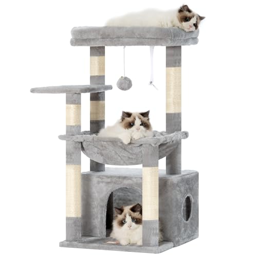 Heybly Kratzbaum, Katzenbaum mit Extra Großem, Weichem Katzenkorb, Katzenkratzbaum mit Geräumigem Katzenbett und Verstecktem Schlafplatz, Robusten Sisal-Kratzsäulen, Hellgrau HCT008SW von Heybly