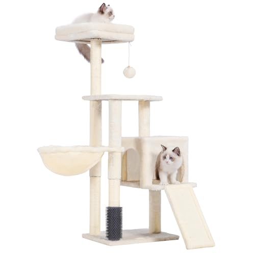 Heybly Kratzbaum mit Katzenbürste, Katzenbaum für Hauskatzen mit Gepolsterter Sitzstange aus Plüsch, Katzenkratzbaum mit Korb, Kratzbrett und Kratzbaum, Beige HCT005SM von Heybly