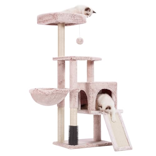 Heybly Kratzbaum mit Katzenbürste, Katzenbaum für Hauskatzen mit Gepolsterter Sitzstange aus Plüsch, Katzenkratzbaum mit Korb, Kratzbrett und Kratzbaum, Braun-beige HCT005SMU von Heybly