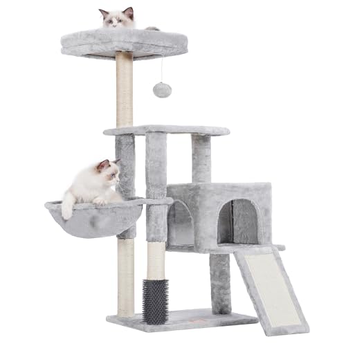 Heybly Kratzbaum mit Katzenbürste, Katzenbaum für Hauskatzen mit Gepolsterter Sitzstange aus Plüsch, Katzenkratzbaum mit Korb, Kratzbrett und Kratzbaum, Hellgrau HCT005SW von Heybly