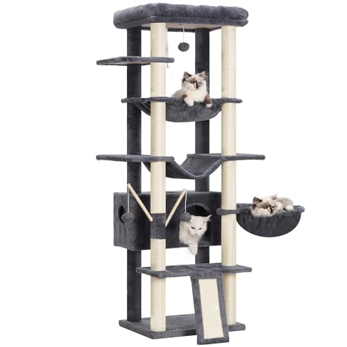 Heybly Kratzbaum für Indoor-Katzen, groß, Erwachsene mit großer Plattform, 173 cm hoher Katzenturm mit Sisalüberzogenen Kratzbäumen, mehrstöckige Katzenhütte mit Hängematten, rauchgrau HCT035G Heybly Kratzbaum für Indoor-Katzen, groß, Erwachsene mit großer Plattform, 173 cm hoher Katzenturm mit Sisalüberzogenen Kratzbäumen, mehrstöckige Katzenhütte mit Hängematten, rauchgrau HCT035G von Heybly