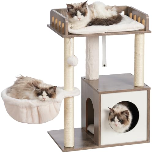 Heybly Moderner Katzenbaum, Katzenturm aus Holz mit 3 Kratzstämmen, Katzenhaus für Indoor-Katzen mit Holz Katzenhöhle, Plüsch-Sitzstange, Korb, Pompon, rustikales Grau HCT007SSG Heybly Moderner Katzenbaum, Katzenturm aus Holz mit 3 Kratzstämmen, Katzenhaus für Indoor-Katzen mit Holz Katzenhöhle, Plüsch-Sitzstange, Korb, Pompon, rustikales Grau HCT007SSG von Heybly