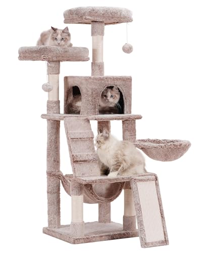 Heybly Muchroom HCT014MU Katzenbaum, Katzenturm für Wohnungskatzen, mehrstufiges Katzenmöbel für Katzen mit gepolsterter Plüschstange, gemütlichem Korb und Kratzbrett von Heybly