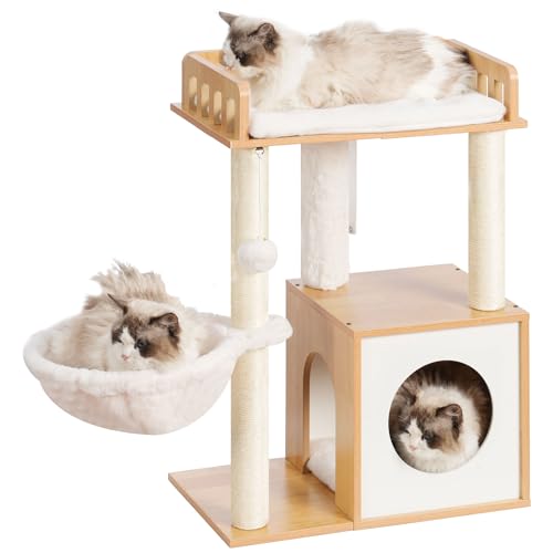 Heybly kratzbaum, Kratzsäule Holz Mit 30 x 50 cm Plattform, Kratzstamm Mit Katzenkorb Und 2 Sisalkratzpfosten, Stabil Und Haustierfreundlich Für Kleine Und Mittelgroße Katzen, Walnussfarbe HCT007SWB von Heybly