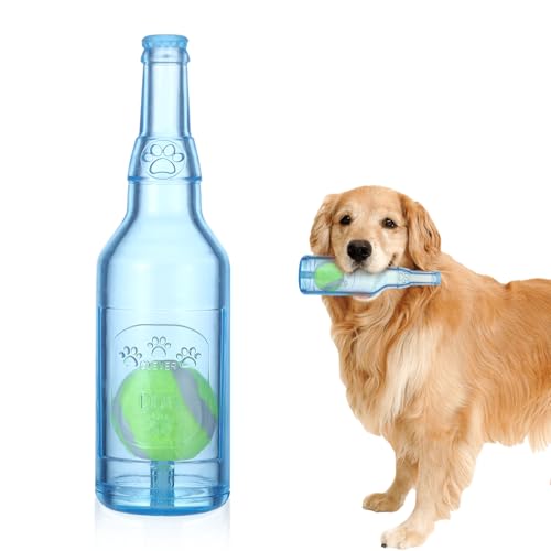 Heygueo Hundespielzeug mit Wasserflasche für aggressive Kauer, Ball in Flasche, Gummi-Hundespielzeug, niedlich, interaktiv, Gummi-Cruncher für Hunde, aggressive Kauer, groß, mittel/klein (blau) von Heygueo