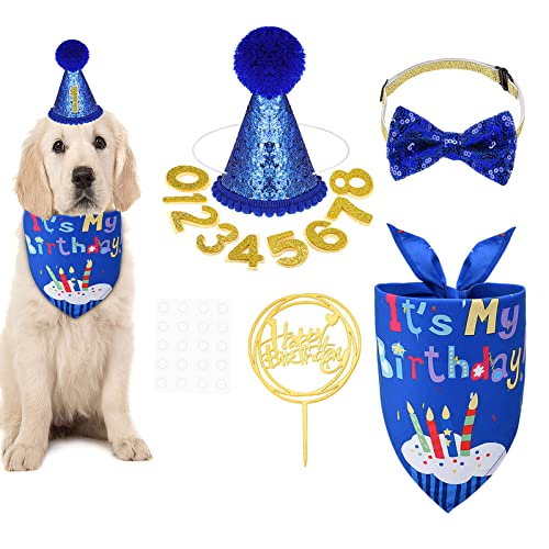 Heyu-Lotus Hund Geburtstag Bandana Niedlicher Fliege Schal mit Hund Geburtstag Party Hut Kuchen Topper Hund Geburtstag Party Zubehör für kleine mittelgroße Hunde Kostüme von Heyu-Lotus