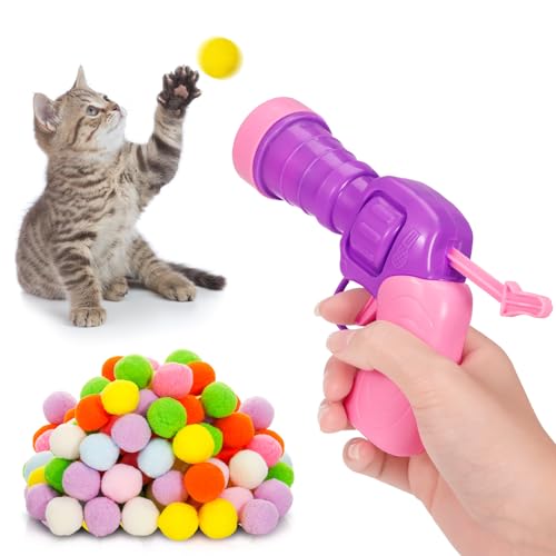 Heyu-Lotus Katzenballwerfer zur Linderung von Langeweile, interaktives Katzenspielzeug mit 100 Bällen und 1 Launcher, Plüschball-Schießpistole für Katzen, geeignet für Indoor-Katzentraining, Spielen von Heyu-Lotus