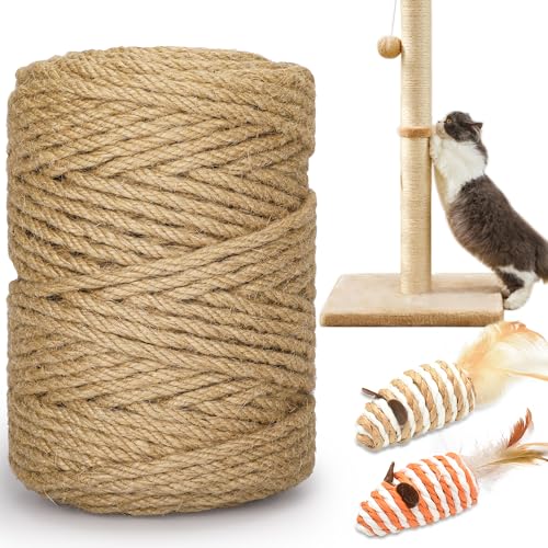 HezzLuv 328FT/100M Katzenkratz-Sisalseil, 6 mm Dickes natürliches Juteseil für Kratzbäume, Kratzbäume, DIY-Projekte, Sisalseil für Kratzbaum mit 2 Mausspielzeugen (Natur, 100.0 m) von HezzLuv