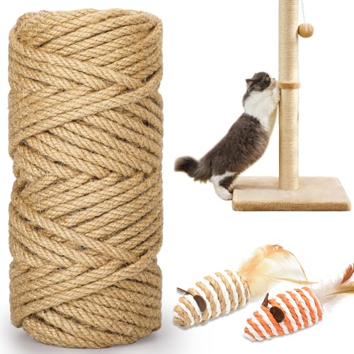 HezzLuv 98FT/30M Katzenkratz-Sisalseil, 6 mm dickes natürliches Juteseil für Kratzbäume, Kratzbäume, DIY-Projekte, Sisalseil für Kratzbaum mit 2 Mausspielzeugen (Natur, 29.9 m) von HezzLuv