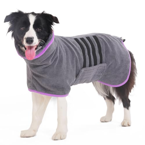 HezzLuv Bademantel für Hunde, Hundebademantel aus Mikrofaser für Mittlere Und Große Hunde Grau Badetuch Hund Hundehandtuch Schnell Trocknend, Super Saugfähiger, für Hunde Und Katzen(Lila, L) von HezzLuv