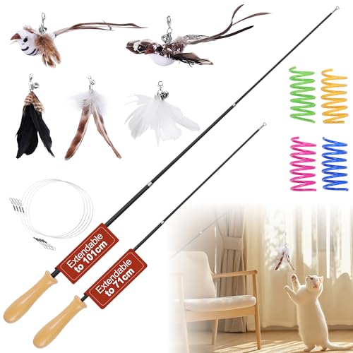 HezzLuv 15 STK in Set, 2 Einziehbarer Katzenangel lang, Interaktives Katzenspielzeug für Katzen mit 3 Katzenfederspielzeug und 2 Vogel, Katzen Spielzeug für Kitten, Ideal für Bewegung und Bindung von HezzLuv