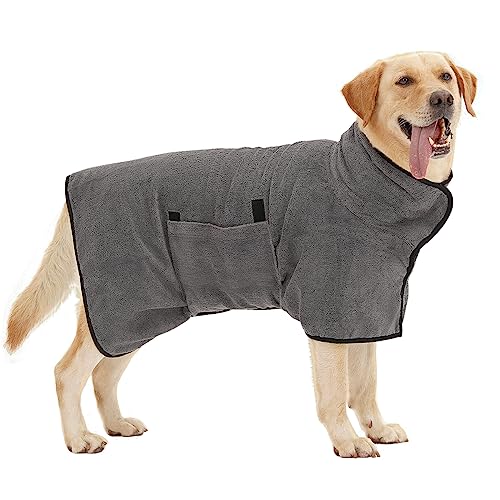 HezzLuv Bademantel für Hunde, Hundebademantel aus Mikrofaser für mittlere und große Hunde, super saugfähiger Haustier Trockenmantel, ganzjahres schnell trocknendes Hundehandtuch (Grau,M) von HezzLuv