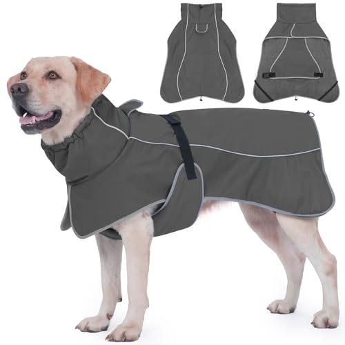 HezzLuv Hunde-Regenmantel, wasserdichter Hundemantel mit reflektierenden Trägern, Loch für die Leine und Polarfleecefutter, Winter-Schnee-Regenmantel für kleine, mittelgroße und große Hunde, warm HezzLuv Hunde-Regenmantel, wasserdichter Hundemantel mit reflektierenden Trägern, Loch für die Leine und Polarfleecefutter, Winter-Schnee-Regenmantel für kleine, mittelgroße und große Hunde, warm von HezzLuv