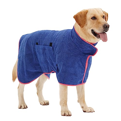 HezzLuv Bademantel für Hunde, Hundebademantel aus Mikrofaser für mittlere und große Hunde, super saugfähiger Haustier Trockenmantel, ganzjahres schnell trocknendes Handtuch (Blau,L) von HezzLuv