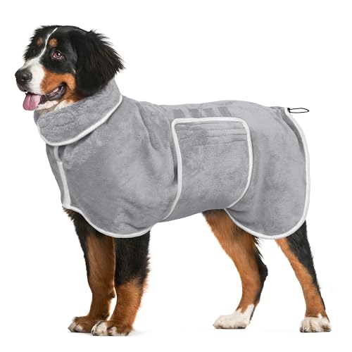 Hunde-Bademantel, Trockenmantel, super saugfähiger Bademantel für große Hunde, weiches, verstellbares Halsband und Bauchgurt, schnell trocknend, Haustierhandtuch für Hunde und Katzen, Grau, Größe L von HhiMyOct