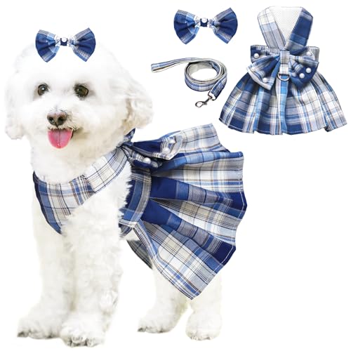 Hundekleid mit Schleife, Geschirr und Leine, Set für kleine Hunde und Mädchen, niedliches kariertes Hundekleid, Perlen, Fliege, Frühling, Sommer, Prinzessinnenkleidung, Geburtstag, Urlaub von HhiMyOct