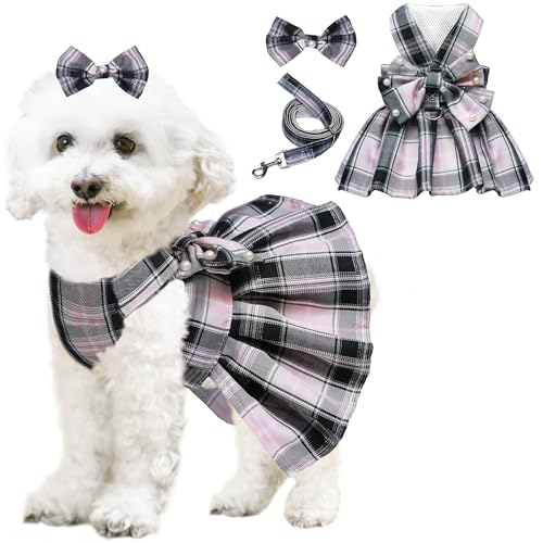 Hundekleid mit Schleife, Geschirr und Leine, Set für kleine Hunde und Mädchen, niedliches kariertes Hundekleid, Perlen, Fliege, Frühling, Sommer, Prinzessinnenkleidung, Geburtstag, Urlaub von HhiMyOct