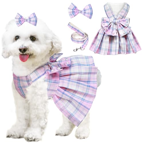 Hundekleid mit Schleife, Geschirr und Leine, Set für kleine Hunde und Mädchen, niedliches kariertes Hundekleid, Perlen, Fliege, Frühling, Sommer, Prinzessinnenkleidung, Geburtstag, Urlaub von HhiMyOct
