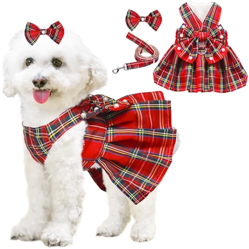 Hundekleid mit Schleife, Geschirr und Leine, Set für kleine Hunde und Mädchen, niedliches kariertes Hundekleid, Perlen, Fliege, Frühling, Sommer, Prinzessinnenkleidung, Geburtstag, Urlaub von HhiMyOct