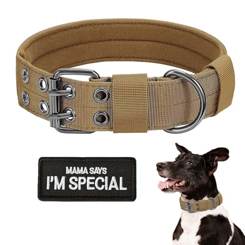 Taktisches Hundehalsband, Militär-Hundehalsband, verstellbar, Nylon, robuste Metallschnalle mit schwarzem Aufnäher, taktische Halsbänder für mittelgroße und große Hunde (Braun, XL) von HhiMyOct