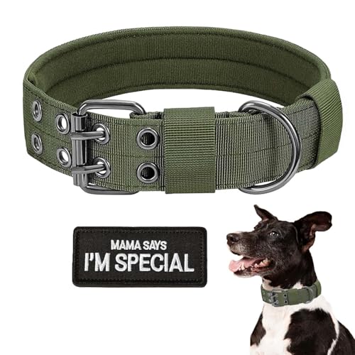 Taktisches Hundehalsband, Militär-Hundehalsband, verstellbar, Nylon, robuste Metallschnalle mit schwarzem Aufnäher, taktische Halsbänder für mittelgroße und große Hunde (Grün, L) von HhiMyOct