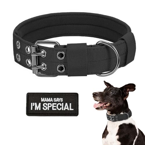 Taktisches Hundehalsband, Militär-Hundehalsband, verstellbar, Nylon, robuste Metallschnalle mit schwarzem Aufnäher, taktische Halsbänder für mittelgroße und große Hunde (Schwarz, XL) von HhiMyOct