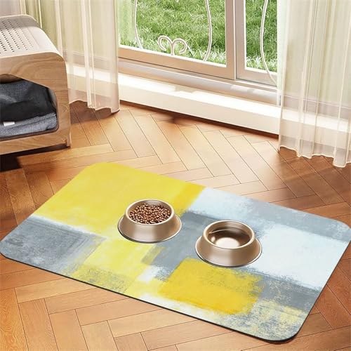 Graue und gelbe abstrakte Kunstmalerei Druck Haustier saugfähige Tischdecke, spezielles Pad für Futternäpfe, rollbar zur Aufbewahrung, ideal für Futternäpfe Graue und gelbe abstrakte Kunstmalerei Druck Haustier saugfähige Tischdecke, spezielles Pad für Futternäpfe, rollbar zur Aufbewahrung, ideal für Futternäpfe von Hhwwtye