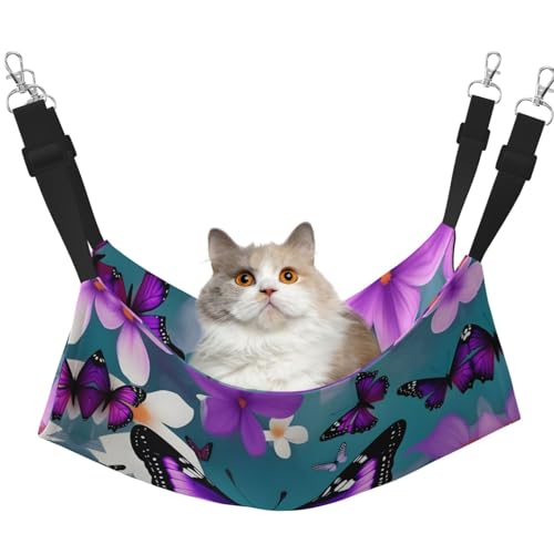 Hhwwtye Katzenbett-Hängematte, freistehendes Katzenbett für drinnen und draußen, einfache Montage, Violett mit Schmetterlingen und Blumen Hhwwtye Katzenbett-Hängematte, freistehendes Katzenbett für drinnen und draußen, einfache Montage, Violett mit Schmetterlingen und Blumen von Hhwwtye