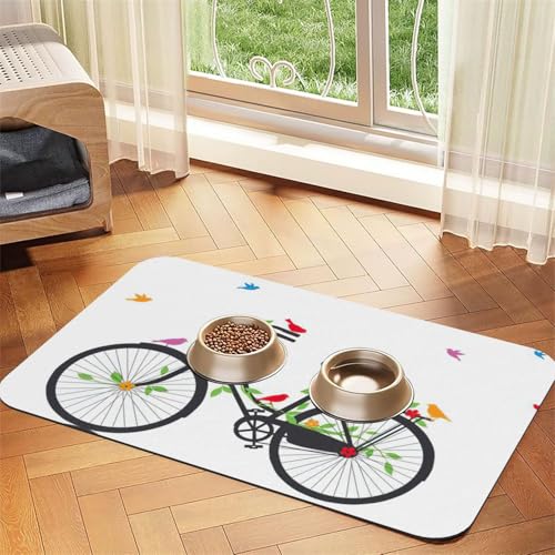 Saugfähige Tischdecke, Motiv: Vögel und Blumen auf Fahrrädern, spezielles Pad für Futternäpfe, rollbar zur Aufbewahrung, ideal für Futternäpfe von Hhwwtye