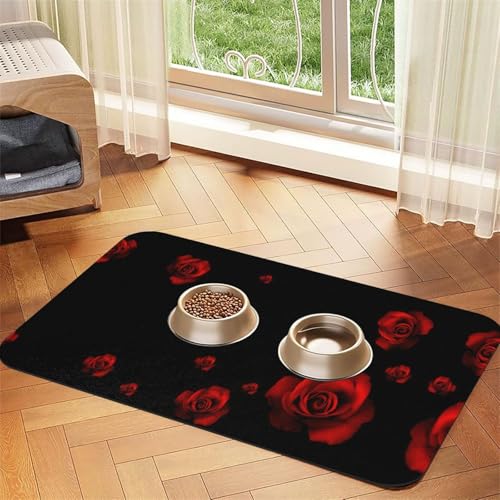 Saugfähige Tischdecke für Haustiere, rote Rose, schwarzer Hintergrund, spezielles Pad für Futternäpfe, rollbar zur Aufbewahrung, ideal für Futternäpfe Saugfähige Tischdecke für Haustiere, rote Rose, schwarzer Hintergrund, spezielles Pad für Futternäpfe, rollbar zur Aufbewahrung, ideal für Futternäpfe von Hhwwtye
