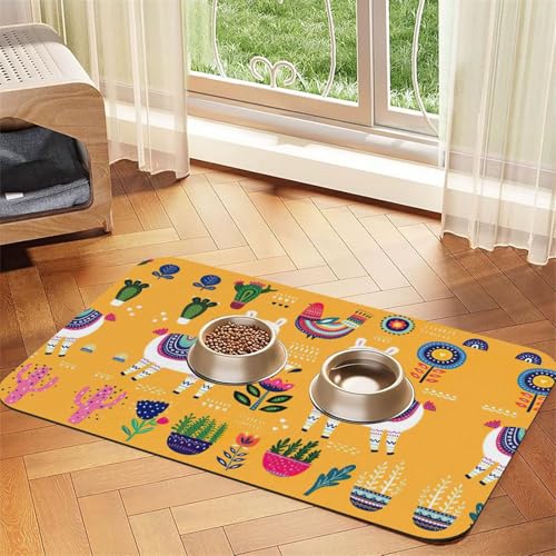 Saugfähige Tischdecke mit Cartoon-Alpaka-Motiv, spezielles Pad für Futternäpfe, rollbar zur Aufbewahrung, ideal für Futternäpfe von Hhwwtye