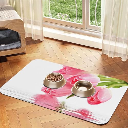 Saugfähige Tischdecke mit hübschem rosa Blumendruck, spezielles Pad für Futternäpfe, rollbar zur Aufbewahrung, ideal für Futternäpfe von Hhwwtye