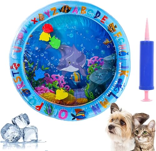 HiCWX Wassermatte für Katzen und Hunde, 2025 neu aufgerüstet, zwei Schichten und verdickt, Ozean-Thema, rund, sensorisch, rutschfeste Spielmatte, schwimmender Fisch, für Indoor-Katzen, langlebig und von HiCWX