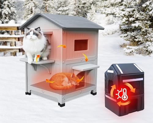 2 Geschichte Katzenhaus Outdoor mit isolierter Auskleidung, Outdoor-Häuser für Katzen Kunststoff außerhalb Katze Unterschlupf wetterfest mit Escape-Tür von HiCaptain