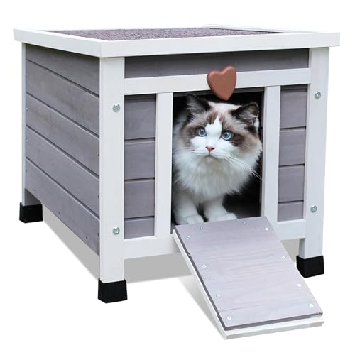 HiCaptain Katzenhaus Outdoor Kaninchenstall Wetterfest Holz Kleintierhaus Katzenhaus Outdoor Winterfest-42 x 51 x 43 cm (Grau) von HiCaptain