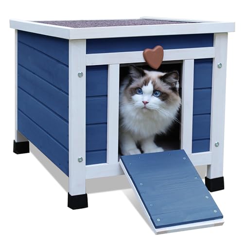 HiCaptain Katzenhaus Outdoor Katzenhaus für Draussen - Katzenhaus aus Holz Outdoor - Perfekt für Welpen, Kaninchen Haus - Einfach Aufzustellen - 52cm x 42cm x 43cm，Blau von HiCaptain