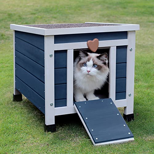 HiCaptain Outdoor Katzenhaus mit Klappbarem Dach - Katzenhaus aus Holz Outdoor - Perfekt für Welpen, Kaninchen - Einfach Aufzustellen - 52cm x 42cm x 43cm，Blau von HiCaptain