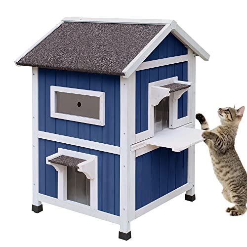 HiCaptain wetterfestes Katzenhaus für Draußen, draußen hölzernes streunendes Katzenhaus 2-stöckiges großes Katzenhaus für 2-3 Katzen-53x53x92cm (blau) von HiCaptain
