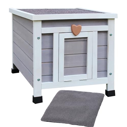Hicaptain Feral Katzenhaus für Draußen, Wetterfestes Katzenhaus im Freien, Warmes Holz Kleintierhaus und Lebensräume (Graues Haus + Matte) von HiCaptain