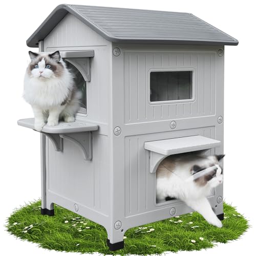 Katzenhaus Outdoor, 2 Geschichte Outdoor-Häuser für Katzen Kunststoff außerhalb Katze Unterschlupf wetterfest mit Escape-Tür, große verwilderte Villa Katze Unterschlupf für kleine mittlere Haustiere Katzenhaus Outdoor, 2 Geschichte Outdoor-Häuser für Katzen Kunststoff außerhalb Katze Unterschlupf wetterfest mit Escape-Tür, große verwilderte Villa Katze Unterschlupf für kleine mittlere Haustiere von HiCaptain