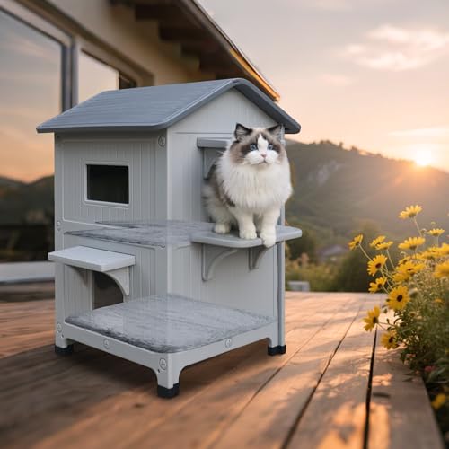 Katzenhaus aus Kunststoff für den Außenbereich, wetterfest, für Wildkatzen, 2-stöckig, isoliert, erhöhter Katzenhaus mit Fluchttür, einfache Montage, erweiterbarer Innenraum, Grau Katzenhaus aus Kunststoff für den Außenbereich, wetterfest, für Wildkatzen, 2-stöckig, isoliert, erhöhter Katzenhaus mit Fluchttür, einfache Montage, erweiterbarer Innenraum, Grau von HiCaptain