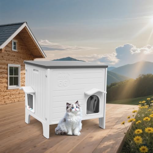 Katzenhaus für den Außenbereich, Kunststoff, wetterfest, für Wildkatzen, erhöhtes Katzenhaus mit Fluchttür, einfache Montage, weitläufiger Innenraum, Weiß, groß Katzenhaus für den Außenbereich, Kunststoff, wetterfest, für Wildkatzen, erhöhtes Katzenhaus mit Fluchttür, einfache Montage, weitläufiger Innenraum, Weiß, groß von HiCaptain