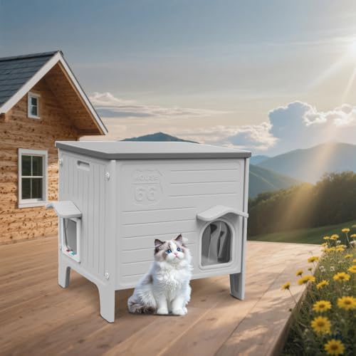 Katzenhaus für den Außenbereich, Kunststoff, wetterfest, für Wildkatzen, erhöhtes Katzenhaus mit Fluchttür, einfache Montage, weitläufiger Innenraum, grau, groß Katzenhaus für den Außenbereich, Kunststoff, wetterfest, für Wildkatzen, erhöhtes Katzenhaus mit Fluchttür, einfache Montage, weitläufiger Innenraum, grau, groß von HiCaptain